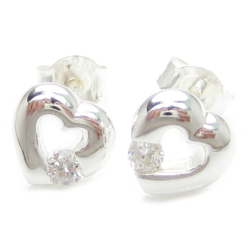 Heart CZ sterling silver stud earrings .925 x 1 pair hearts