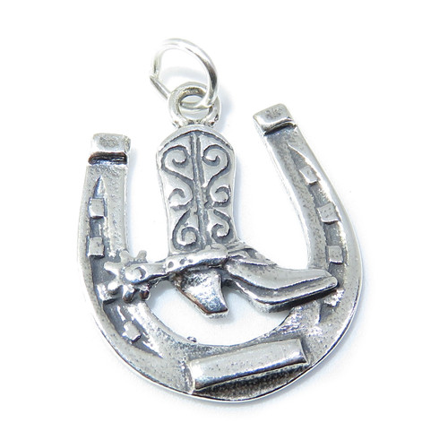 Horseshoe with Boot sterling silver charm .925 x 1 Cowboy charms