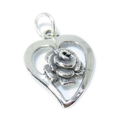 Heart with Rose sterling silver charm .925 x 1 Roses & Hearts charms