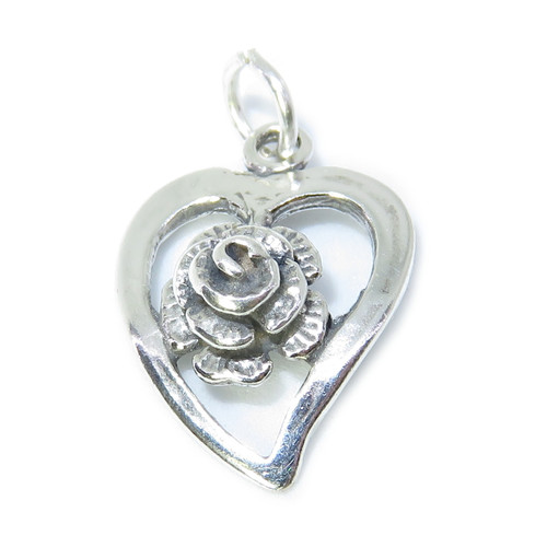Rose with heart sterling silver charm .925 x 1 Hearts & Roses charms