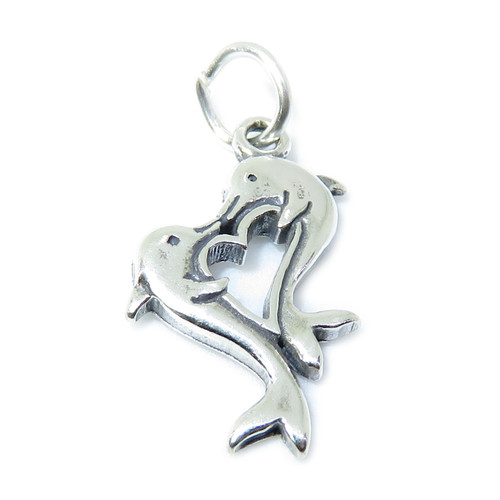 Dolphins in heart sterling silver charm .925 x 1 Hearts Dolphin charms