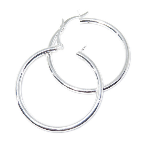 Apx 34mm plain tube creole hoop sterling silver earrings .925 x 1 pair