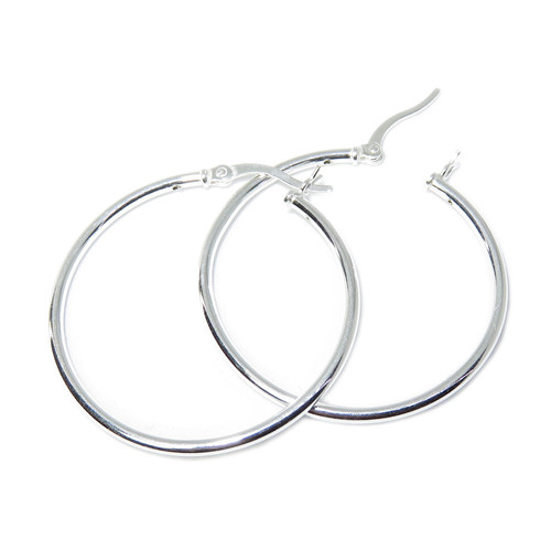 Apx 33mm plain tube creole hoop sterling silver earrings .925 x 1 pair