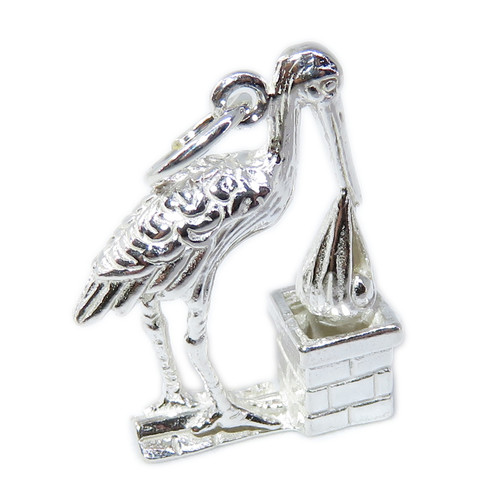 Stork delivering baby down chimney sterling silver charm .925 x 1
