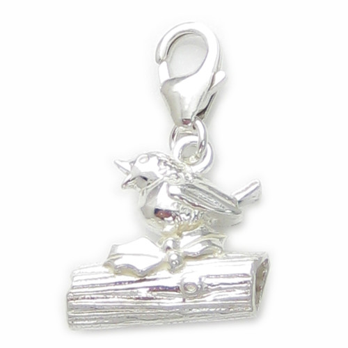 Robin On Log sterling silver clip charm .925 x 1 Christmas Robins charms