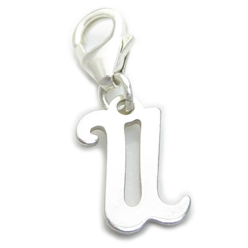 Letter U Initial sterling silver charm on 9mm clip .925