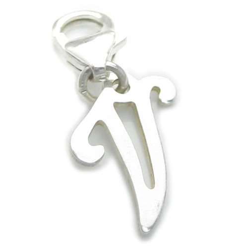 Letter V Initial sterling silver charm on 9mm clip .925