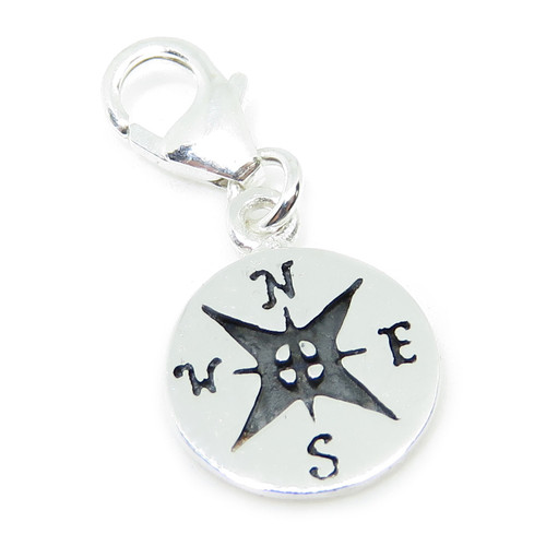 Compass TINY sterling silver charm on 9mm clip .925 x 1 Direction