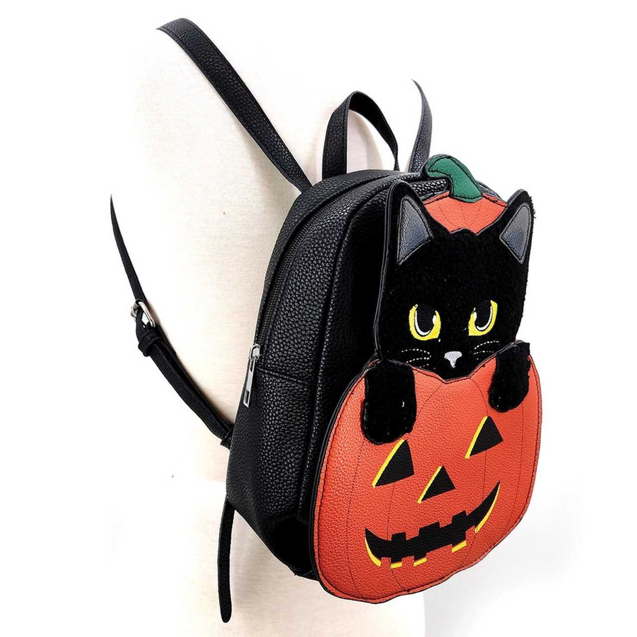 black mini cat backpack Furry Black Cat in Pumpkin Mini Backpack