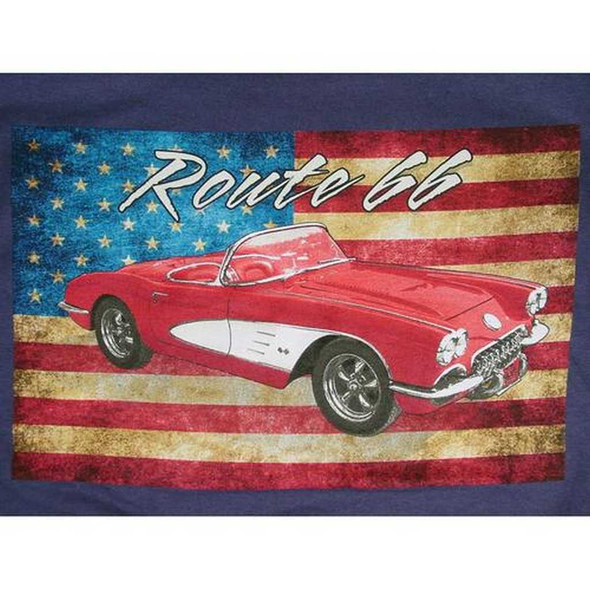 Real Time Products Route 66 Corvette on Flag Blue T-Shirt