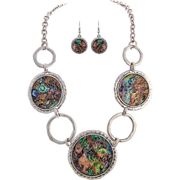 Rain Jewelry Collection Silver Abalone Circles Statement Necklace Earrings Set