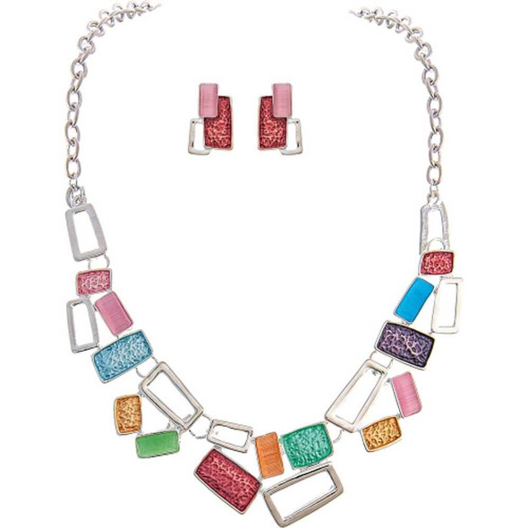 Rain Jewelry Collection Silver Pastel Rectangles Necklace Earrings Set Rain Jewelry Collection Silver Pastel Rectangles Necklace Earrings Set