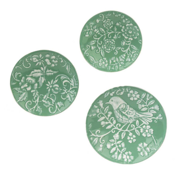 Ganz Sage Enamel Embossed Bird and Floral Round Wall Decor Set