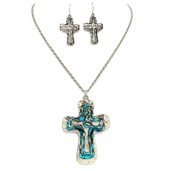 Lunar Deer Hammered Cross Wire Necklace Earring Patina Set