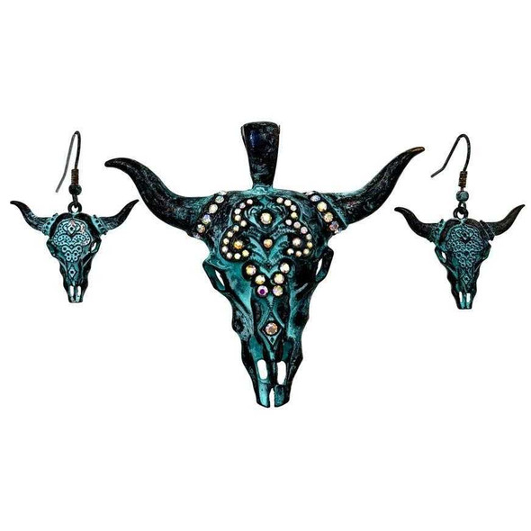 Bohemian Longhorn Rustic Patina Pendant Earrings