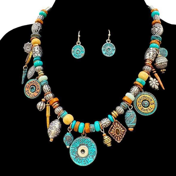  Southwestern Shotgun Shell Charm Necklace and Earrings Set