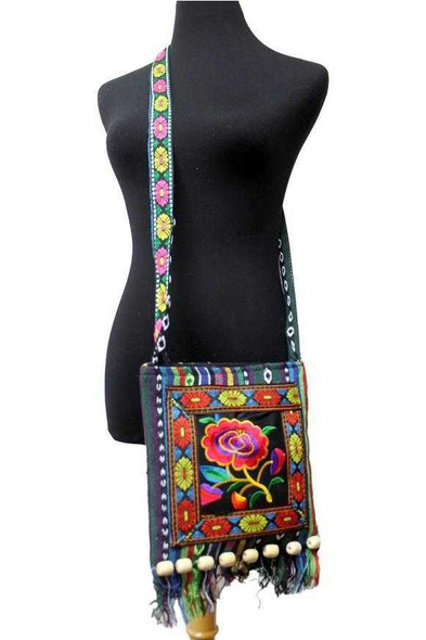 Huipil Floral Wood Fringe Tapestry Crossbody Bag