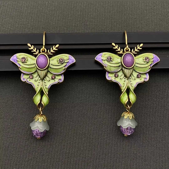  Vintage Green Enamel Moth Dangle Earrings