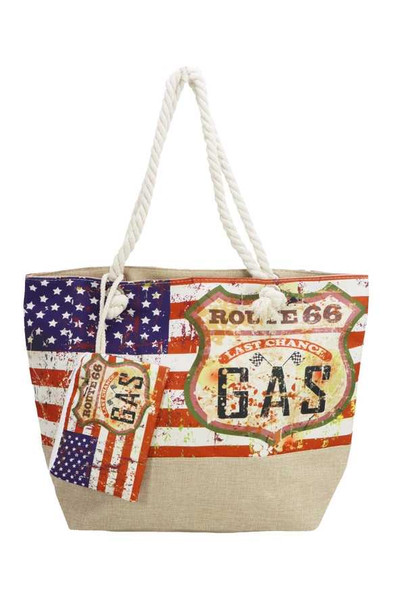  Route 66 American Flag Zippered Canvas Tote with Pouch