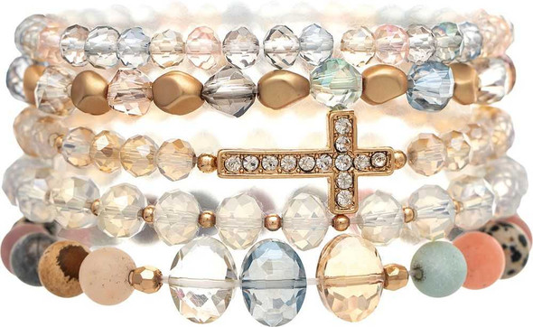 Gold Mixed Natural Stone Bead Cross Bracelet Set