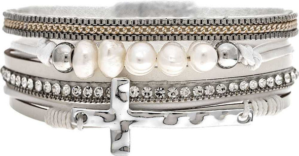 Silver White Fresh Water Pearl Crystal Side Cross Magnetic Bracelet