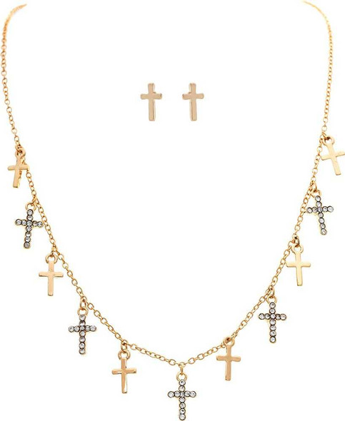Gold Crystal Cross Charms Necklace Set