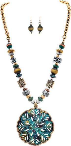  Gold Fire Patina Round Medallion Bead Necklace Set