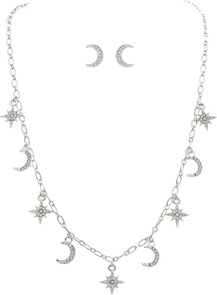  Silver Crystal Moon Stars Chain Necklace Set