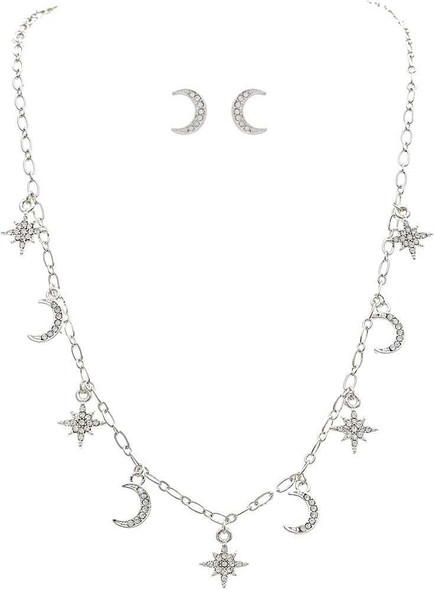 Silver Crystal Moon Stars Chain Necklace Set