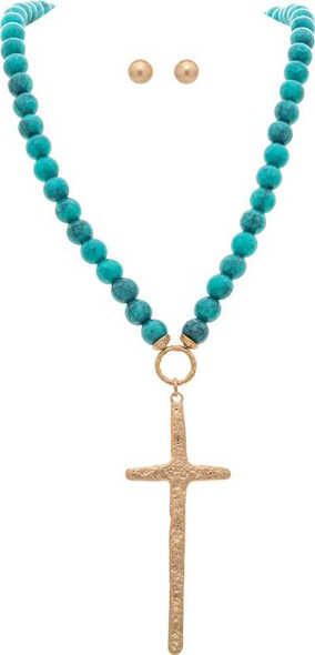  Matte Finish Gold Textured Big Cross Turquoise Bead Necklace Set