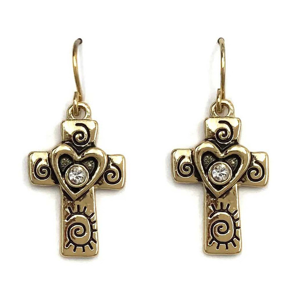  Cross with Heart Rhinestone Earrings