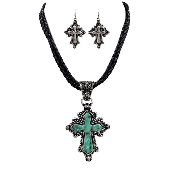  Weave Leather Necklace Set Turquoise Cross Pendant