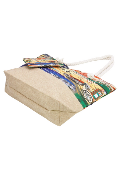 Route 66 Blue Car Zippered Canvas Tote with Pouch