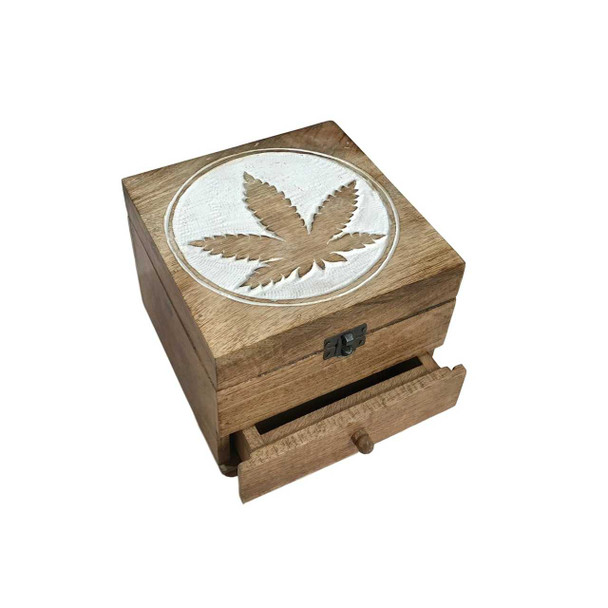 Wilco Home Hand-Carved Wood Cannabis Leaf Design Mirror Chest w/Drawer