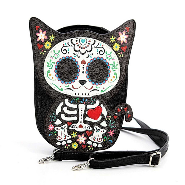 Comeco Floral Sugar Skull Cat Shoulder Crossbody Bag