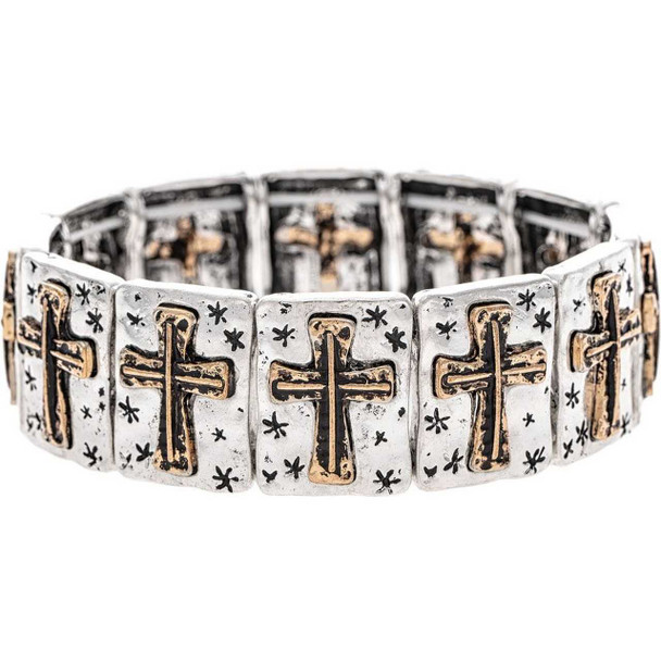 Rain Jewelry Collection Two Tone Crosses on Panel Bracelet