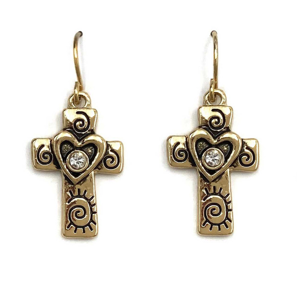 Lunar Deer Gold Cross with Heart Rhinestone Earrings