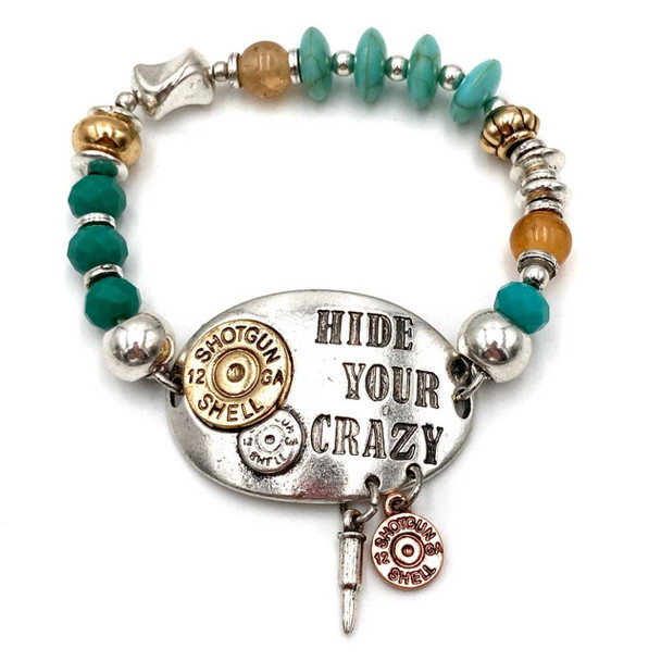 Lunar Deer Hide Your Crazy Shotgun Bullet Turquoise Beads Stretch Bracelet