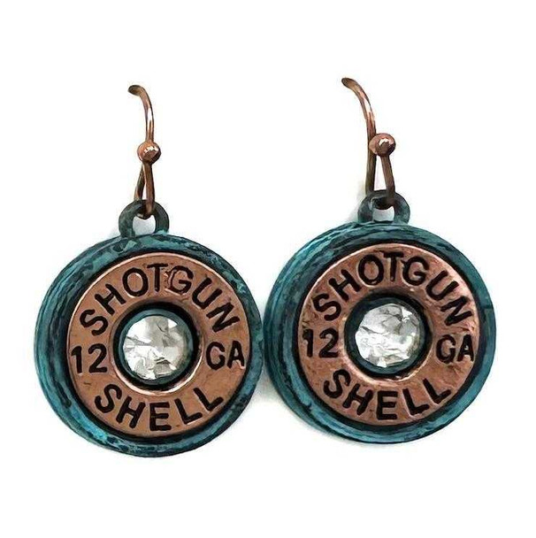 Patina Rhinestone Shotgun Shell Dangle Hook Earrings