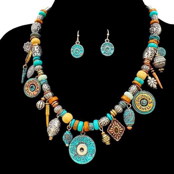  Southwestern Shotgun Shell Charm Necklace and Earrings Set