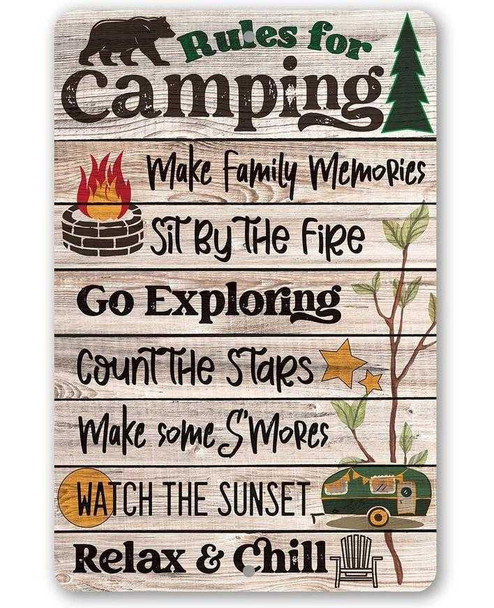  Rules For Camping Metal Sign