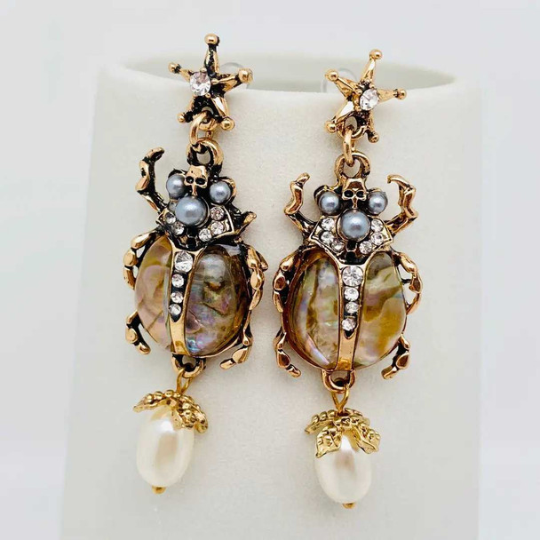 Vintage Insect Pearl Pendant Earrings