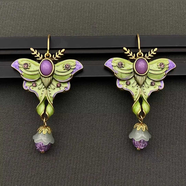 Vintage Green Enamel Moth Dangle Earrings