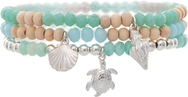 Silver Aqua Wood Bead Shell Bracelet Set