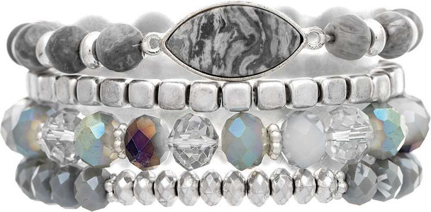 Gold Grey Jasper Stone Glass Bead Bracelet Set