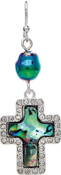  Silver Abalone Crystal Edge Cross Earring