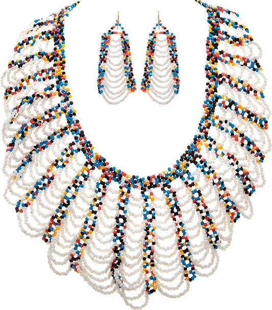  White Seed Bead Bib Necklace Set