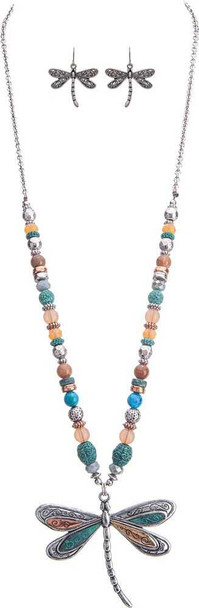  Silver Multi Bead Dragonfly Pendant Necklace Set
