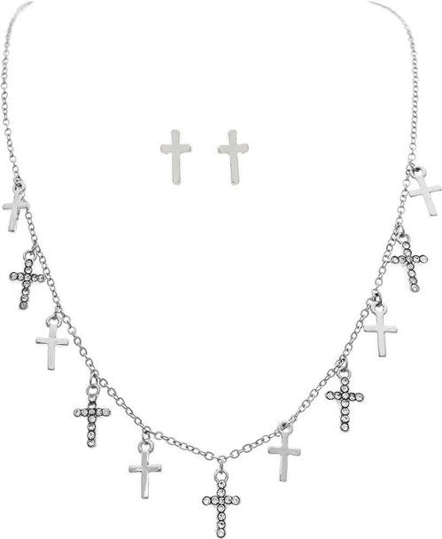 Silver Crystal Cross Charms Necklace Set