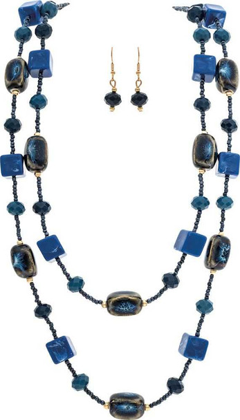 Gold Blue Ceramic & Acrylic Beads Layer Necklace Set